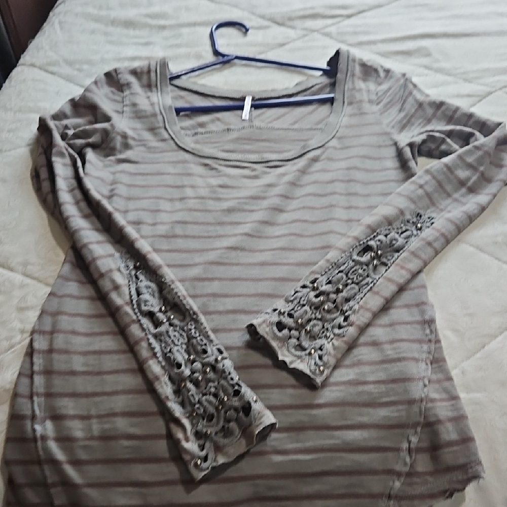 Striped Long Sleeve Top with Lace Detail
